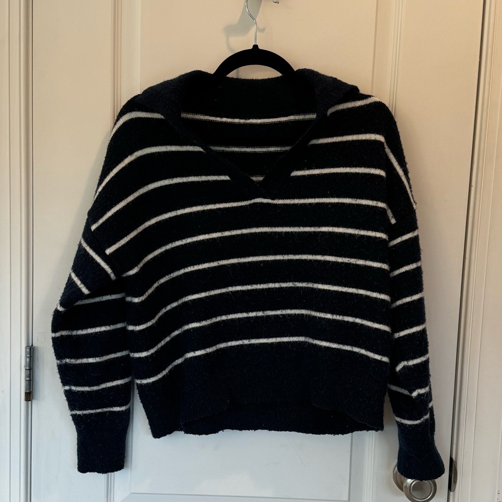 Navy and White Striped Women's Sweater